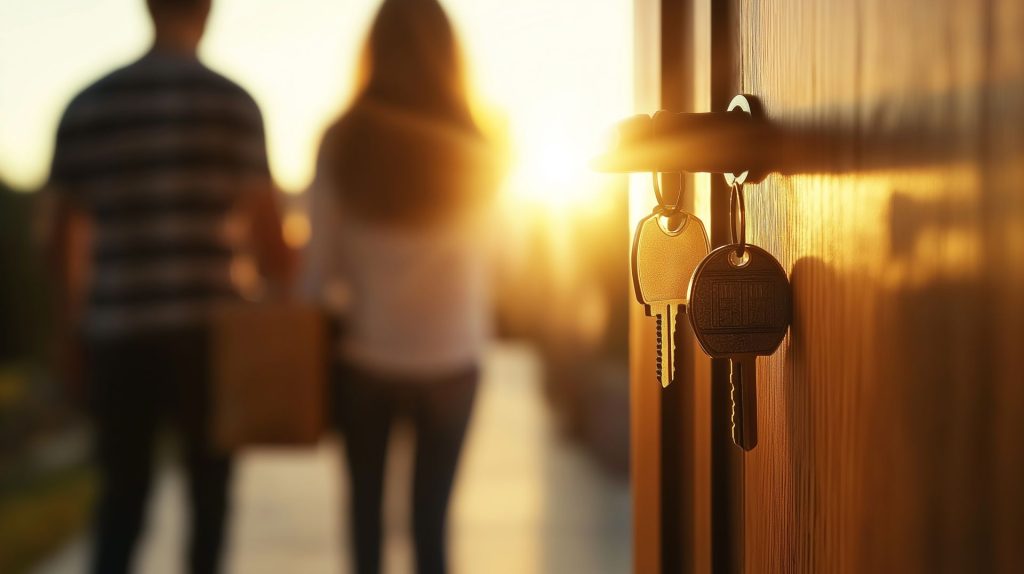 A couple looking a townhouse condominium complex.