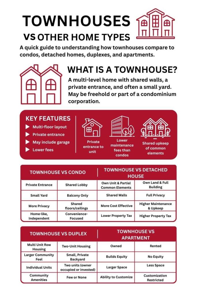 Infographic of differences between townhouses, condos, duplexes, detached homes, and apartments.