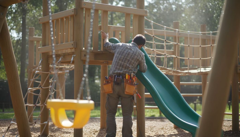 A maintenance worker repairing a condominium's playground area.
