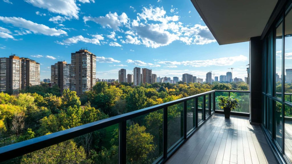 Scenic view from balcony of urban apartment. City skyline viewed from balcony.